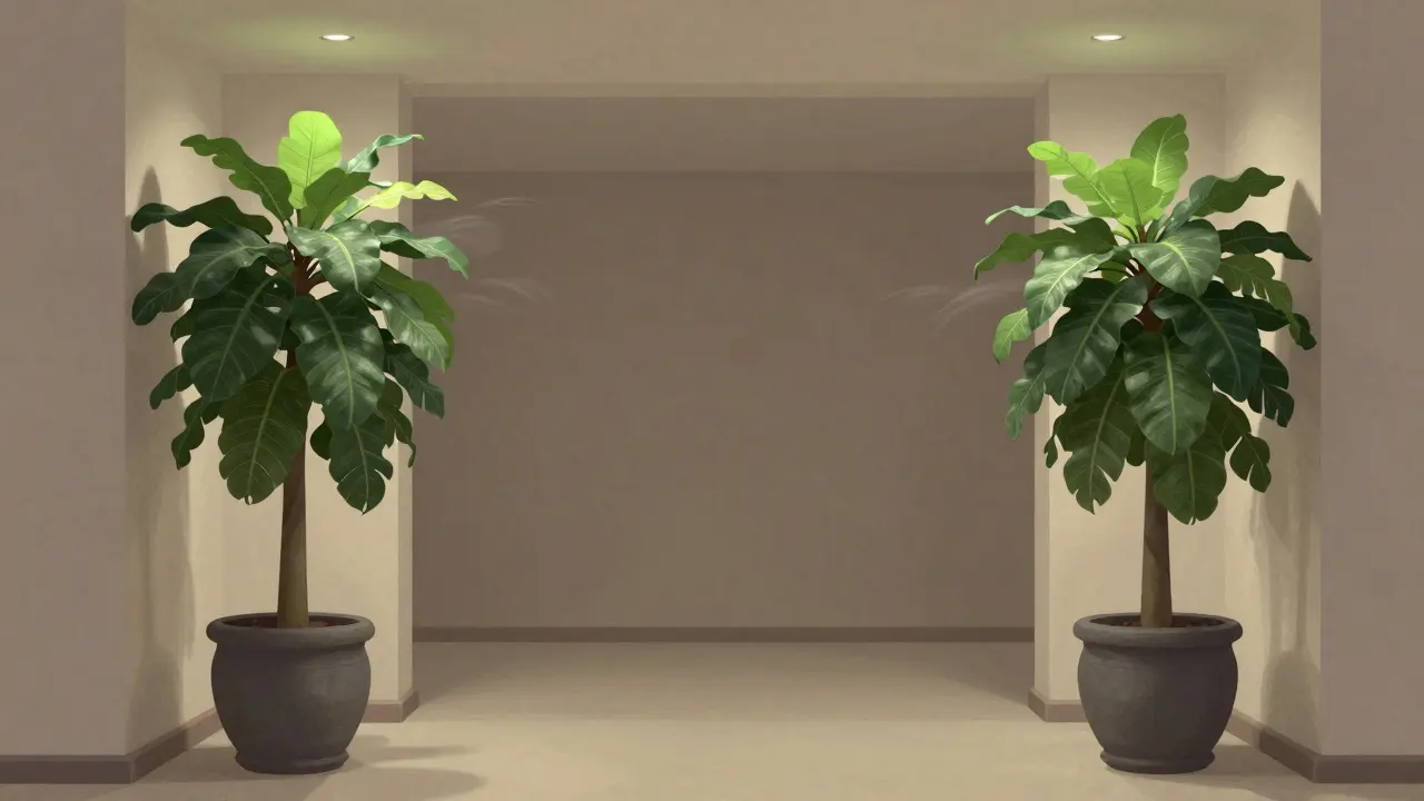 Dvě symetrické rostliny Ficus lyrata vysokého květináče vedle vstupní cesty.