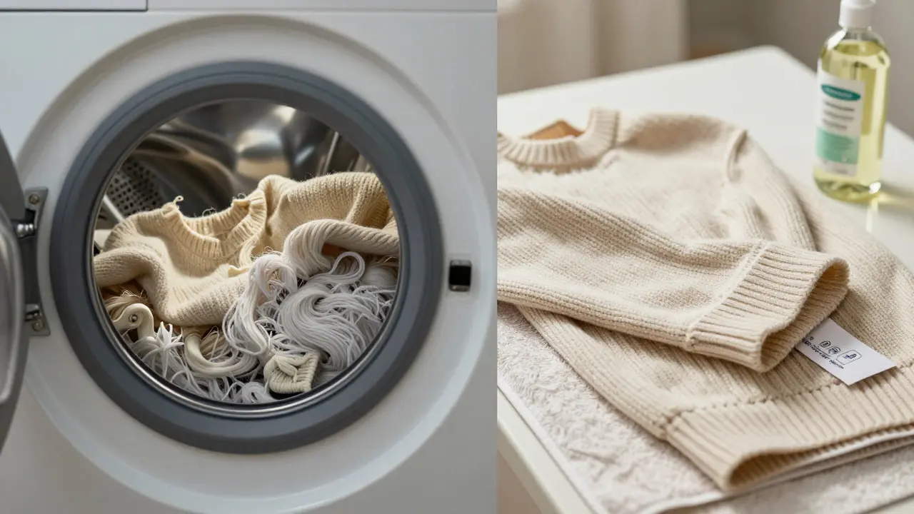 Dvojitá scéna: poškozený svetr v pračce vlevo a správně ošetřený vpravo s ocetem a štítkem.