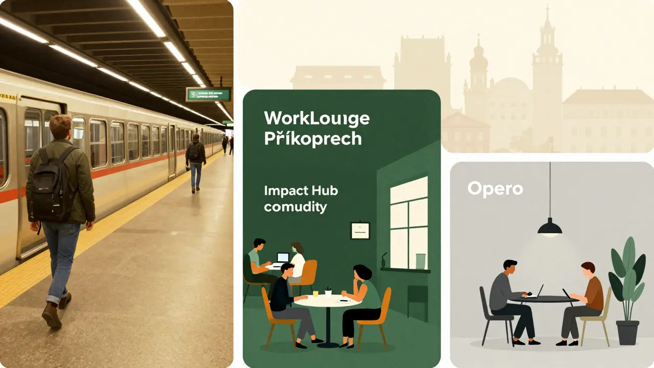Dynamická cesta mladého profesionála mezi třemi coworkingovými prostory v Praze, spojená přes metr a různé atmosféry práce.