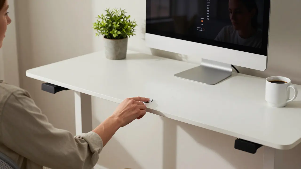 Elektrický stojací stůl se přepíná mezi polohami, s ovládacím panelem a kávou na stole v moderní domácí kanceláři.