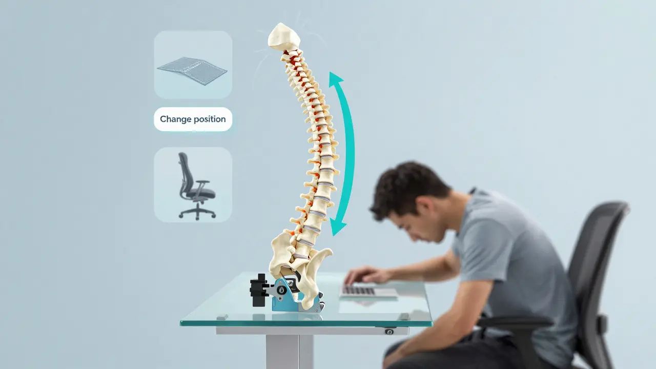 Ergonomická koncepce páteře nad stojacím stolem s ukazateli krevního oběhu a doplňky jako koberec a židle.