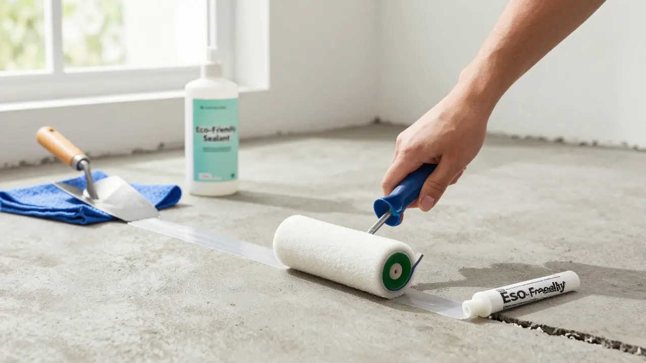 Hand applying sealant to concrete floor with tools nearby, symbolizing easy maintenance.
