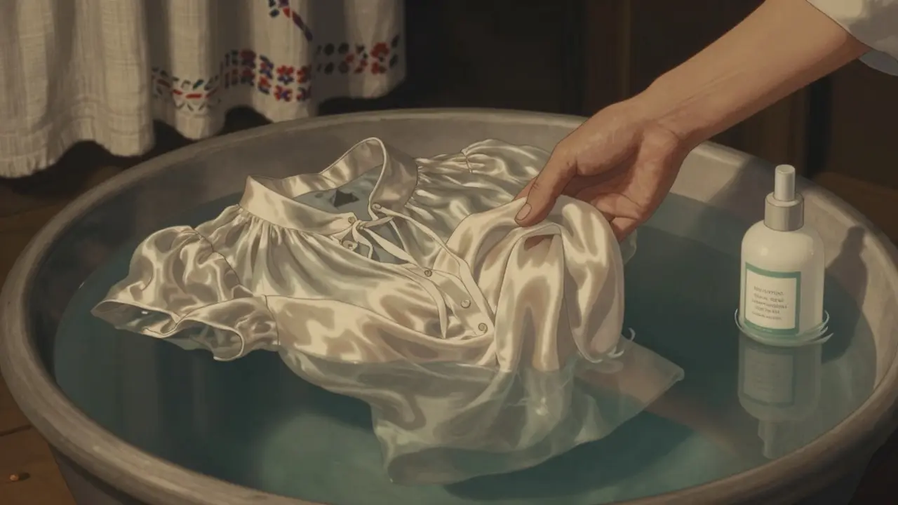 Jemná hedvábná košile plavající v chladné vodě, ručně praná s opatrností.