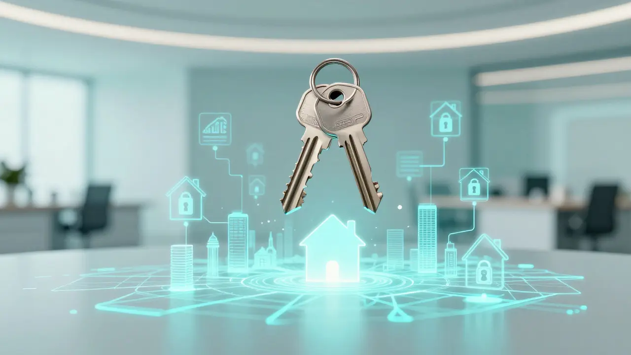 Klíče a holografická mapa města reprezentující digitální registr