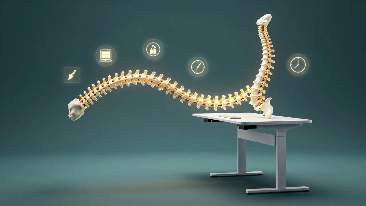 Koncepční obrázek lidské páteře přecházející z ohnuté do přímé polohy přes výškově nastavitelný stůl s grafickými symboly zdraví.