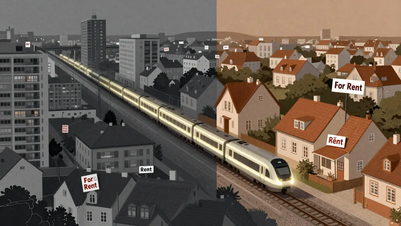 Kontrast mezi drahým bydlením v Praze a cenově přístupným bydlením v satelitních městech.