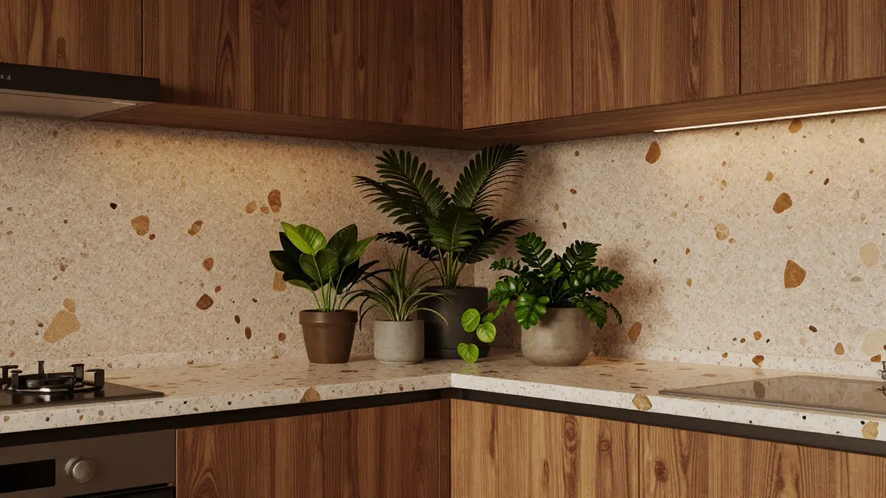 Kuchyně kombinující dřevo a terazzové desky s rostlinami.