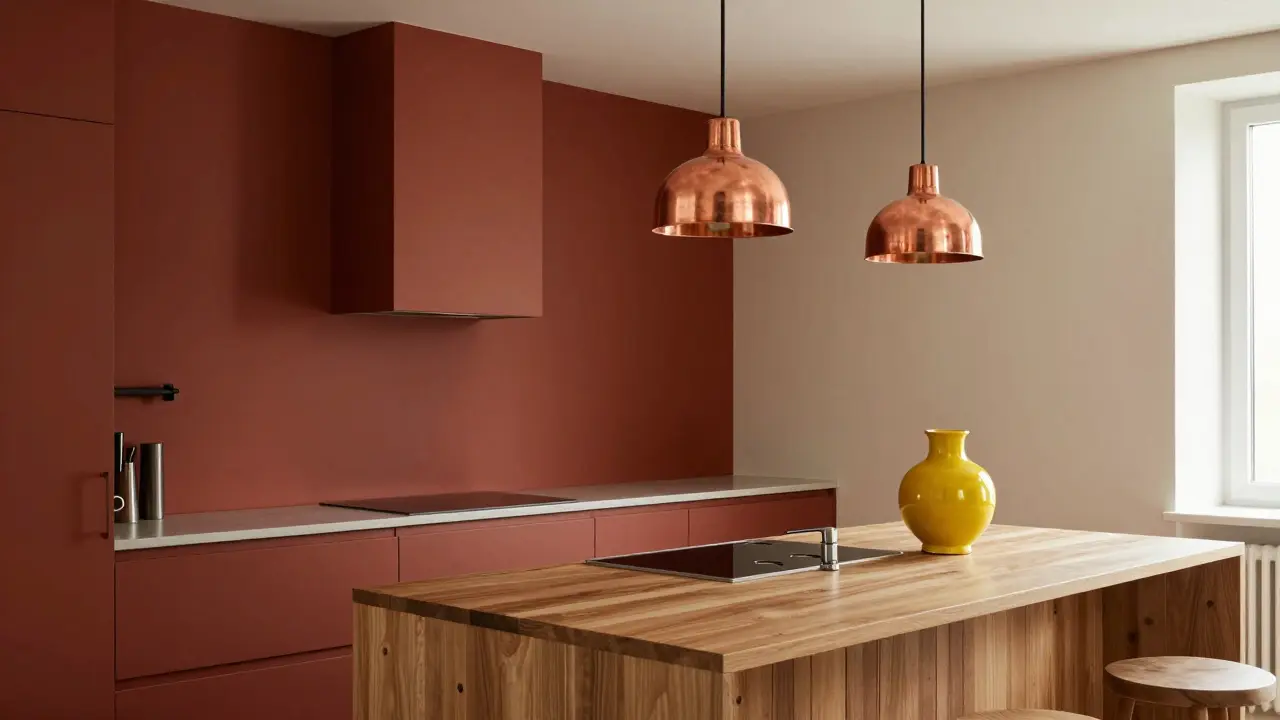 Kuchyně s červenou akcentovou stěnou a teplými kovovými lampami.