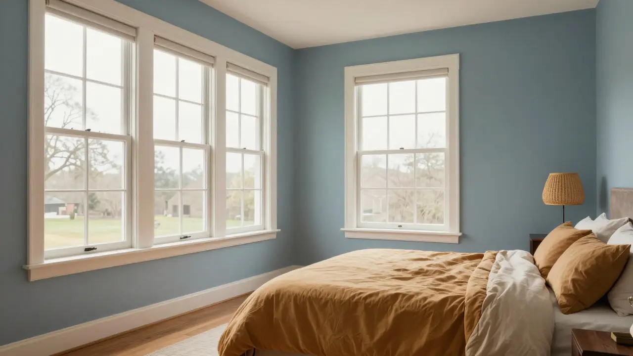 Ložnice s modrými stěnami a teplými dřevěnými doplňky při slunečním světle.