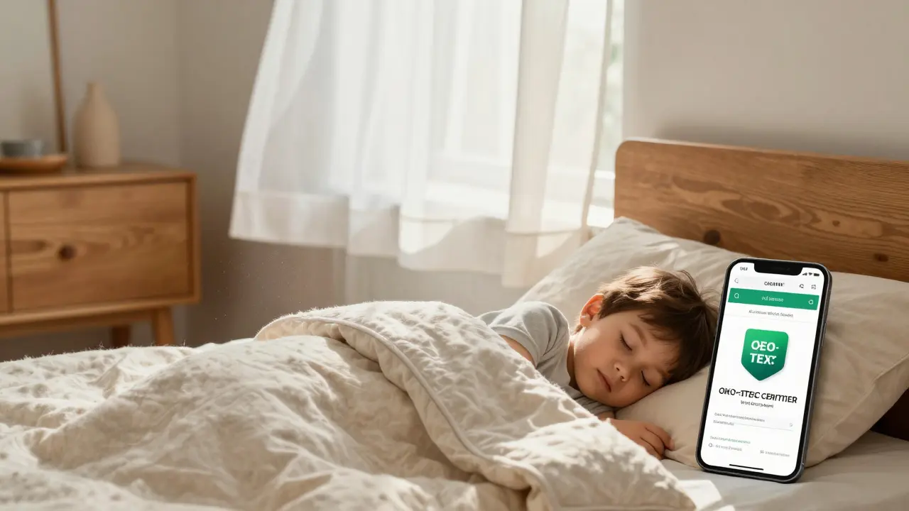 Ložnice s vlněnými textiliemi certifikovanými OEKO-TEX® a CLEANAIR, dítě spí klidně.