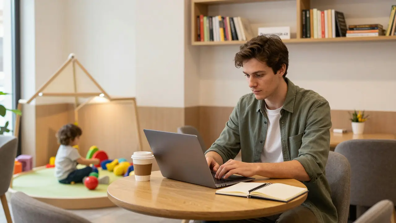 Mládě pracuje v kavárně s dítětem ve sledované hřišti, symbolizující moderní rodičovství a flexibilní práci v Praze.