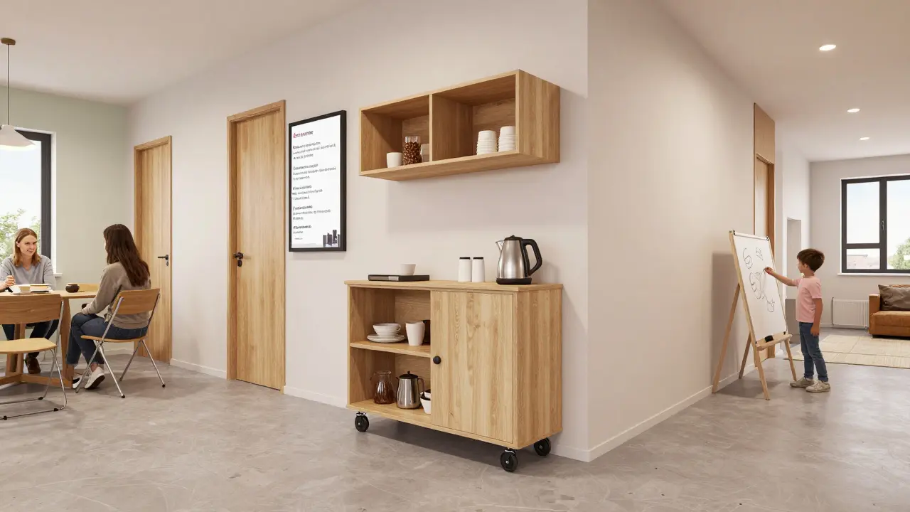 Moderní hala s pohyblivým nábytkem, kávovou stanicí a digitální nástěnkou pro sousedy.