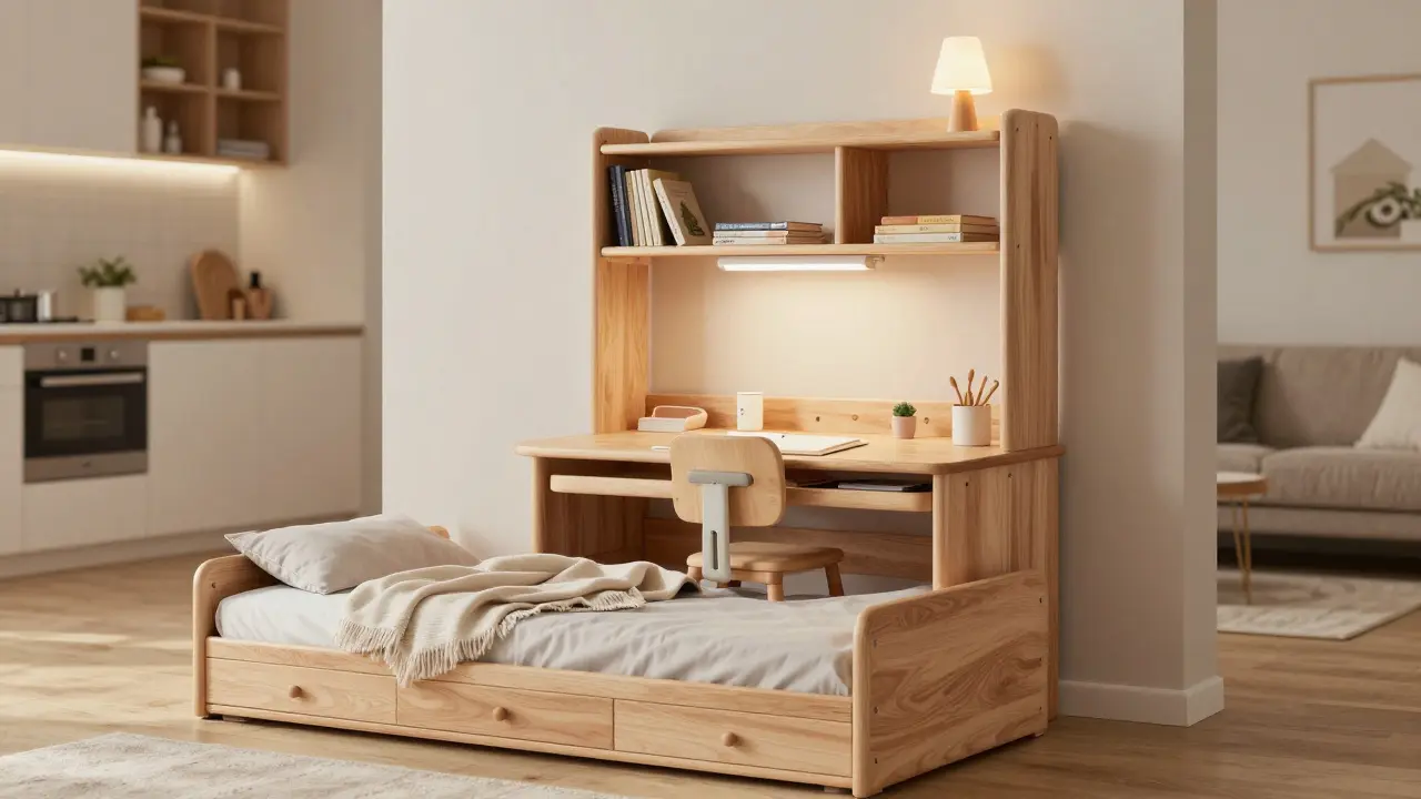 Modulární dětský nábytek se mění s dítětem: postel s uložením, výškově nastavitelný stůl a regál přeměněný na knihovnu.