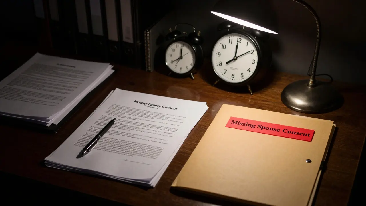 Notary's desk at night with a critical missing document glowing red under a lamp.