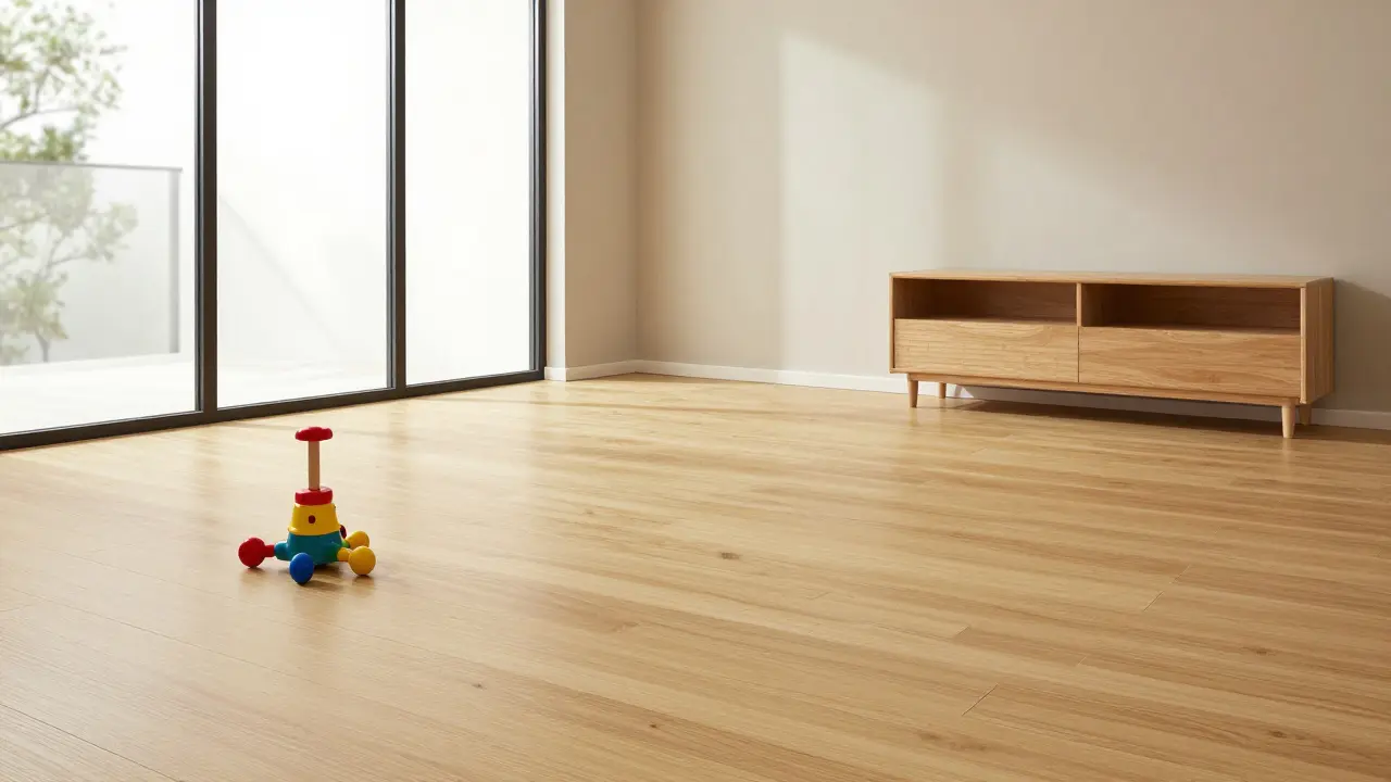 Obývací pokoj s bambusovou podlahou a hračkami na zemi.