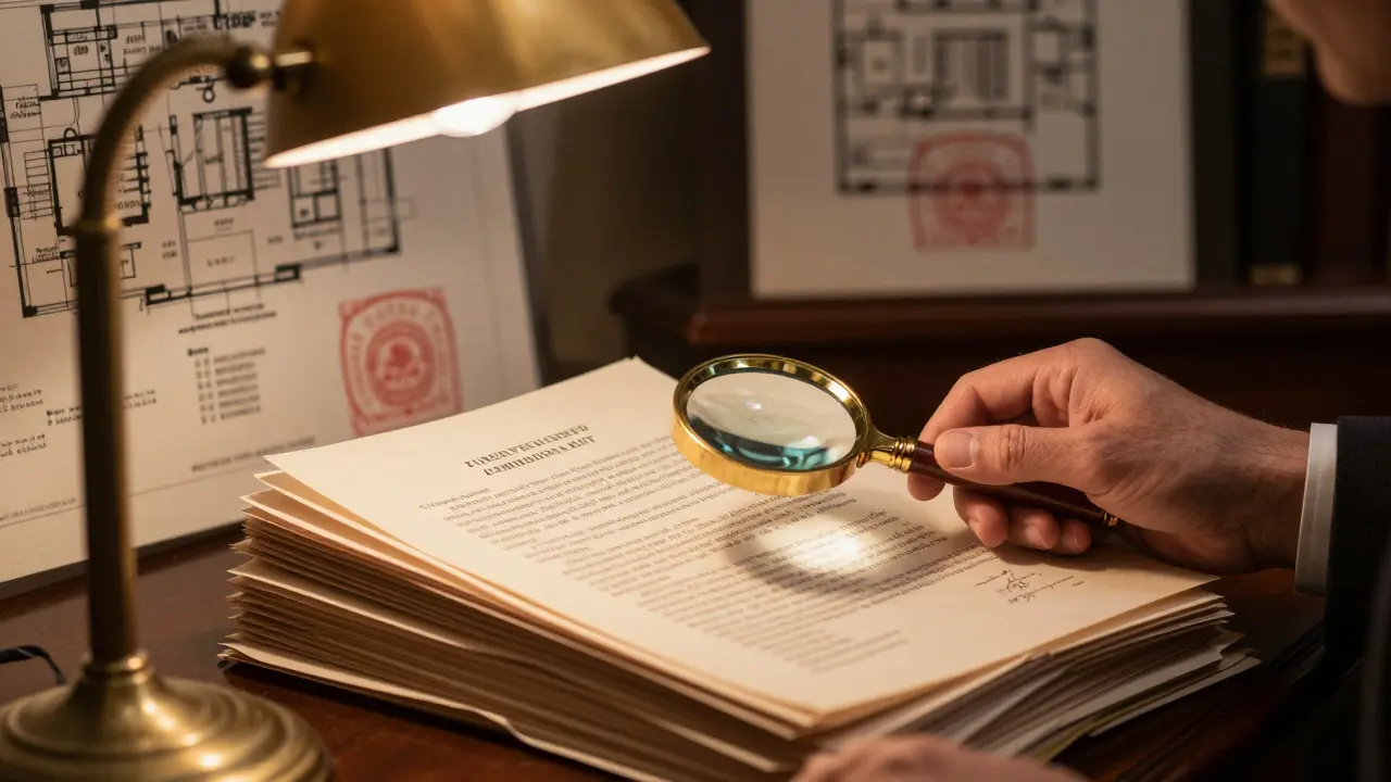 Osoba zkoumá smlouvu pod lupou, staré doklady o vlastnictví