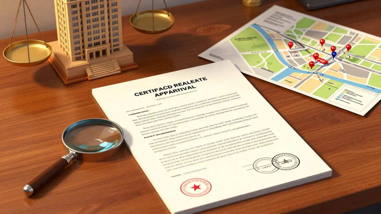 Otevřený znalecký posudek na stole s mapou, modelem domu a známkami úřadu v pozadí.