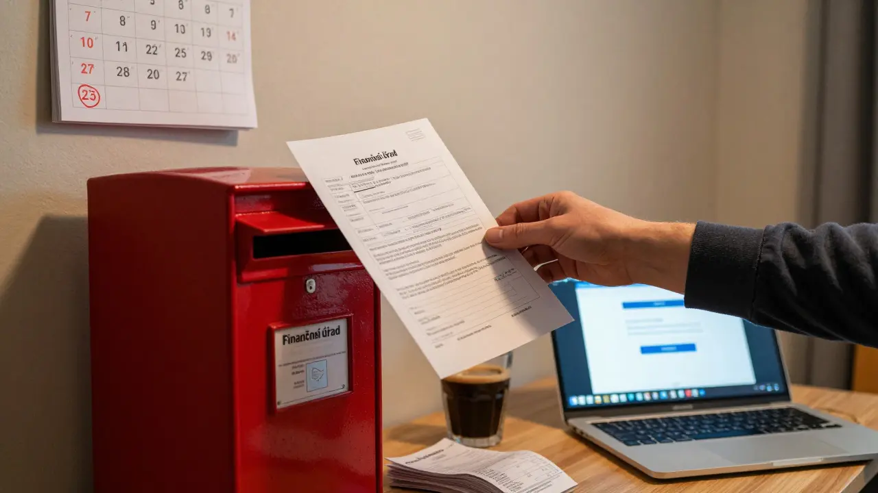Podání daňového přiznání do úřední schránky s kalendářem ukazujícím lhůtu 1. dubna 2025.