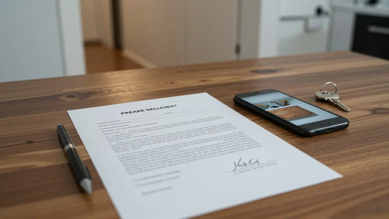 Podrobně vyplněný předávací protokol s klíči, fotoaparátem a měřiči na stole.