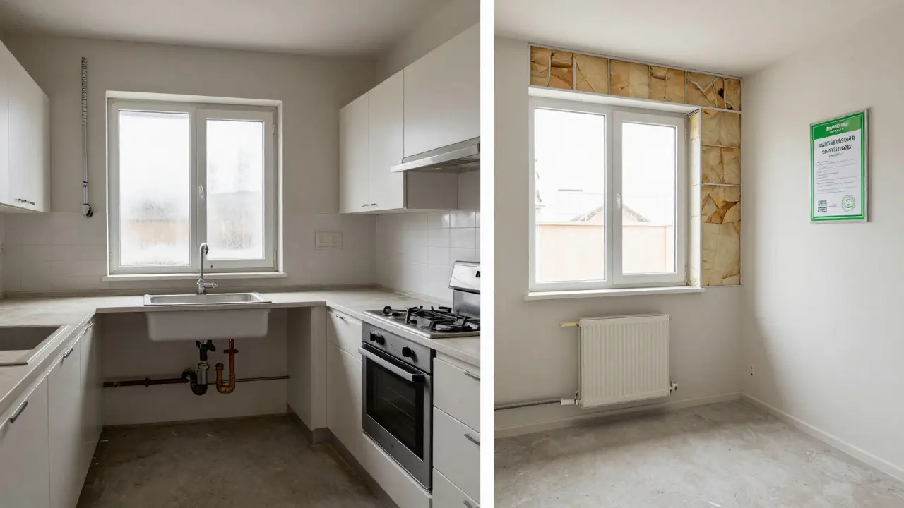 Porovnání staré kuchyně s špatnou izolací a modernizované kuchyně s novým vytápěním.