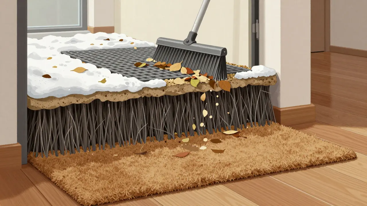 Průřez vstupní čistící zóny s třemi vrstvami odstraňujícími nečistoty od sněhu až po jemný prach.