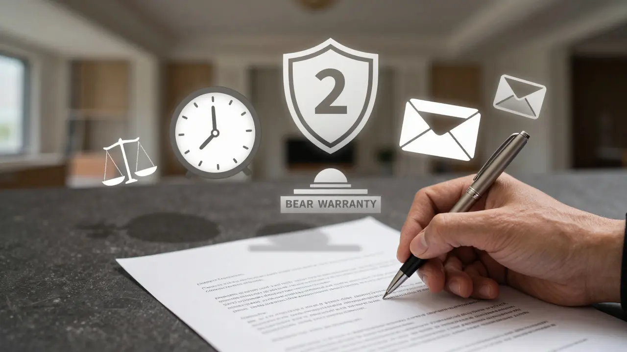 Ruka podepisuje smlouvu, zatímco nad ní plavou právní symboly jako záruka, termín a povolení.