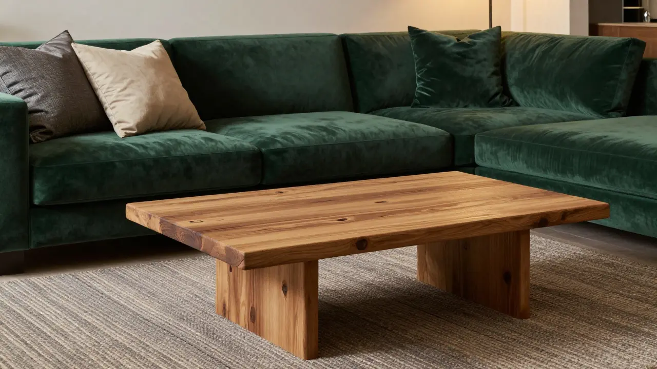 Sametová pohovka, dřevo a textura koberec v neutrálních barvách.