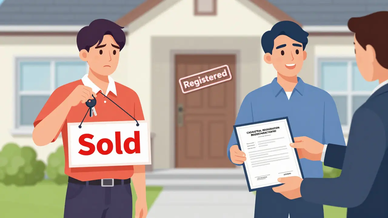 Split scene: confused buyer vs. happy buyer receiving official property registration.