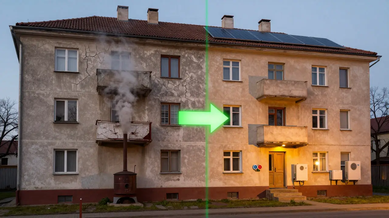 Split view of a 1980s Czech apartment building before and after energy retrofit, showing transition from coal boiler to solar and heat pump.