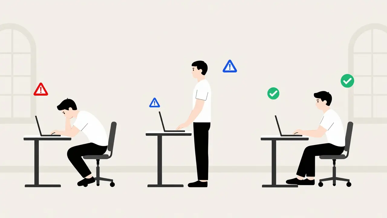 Srovnání tří režimů práce: sedění, stání a pravidelné střídání poloh u výškově nastavitelného stolu.