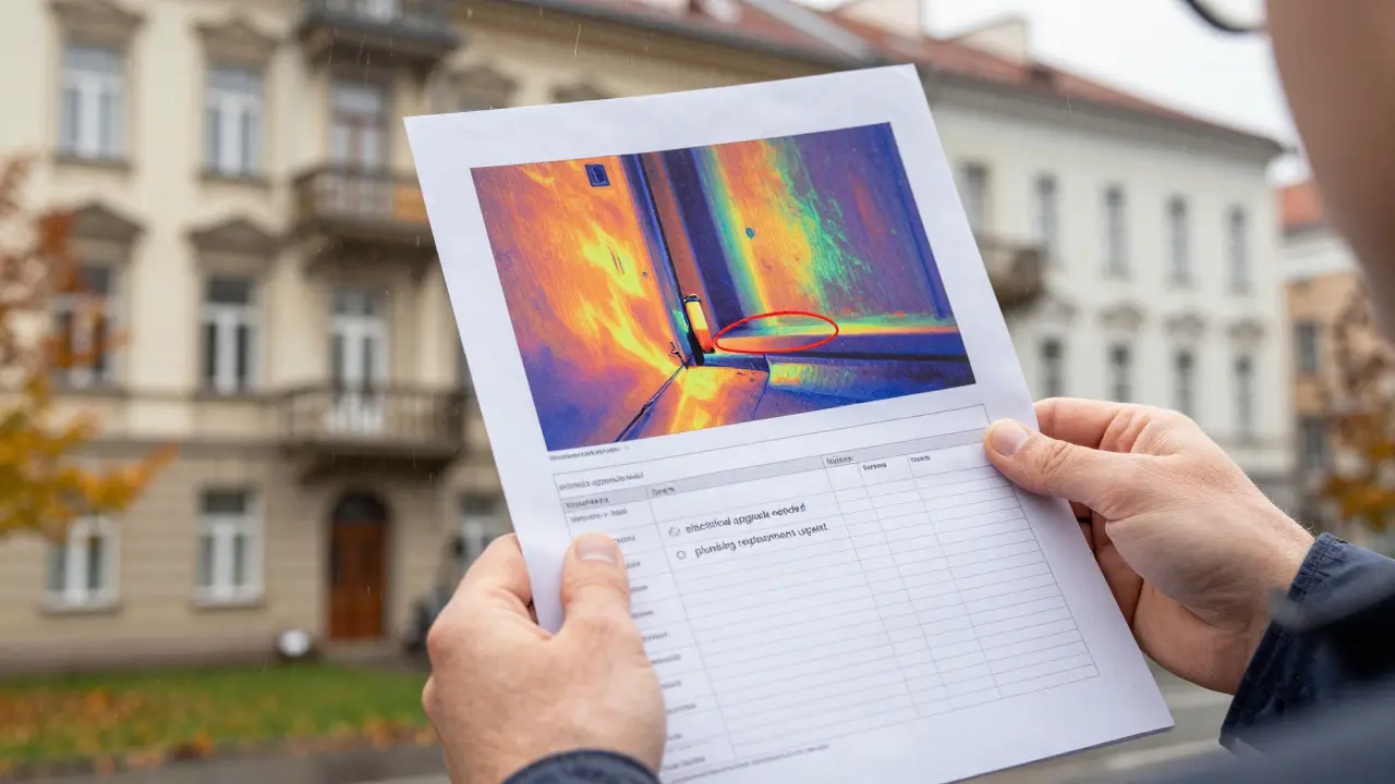 Technická zpráva s tepelným obrazem a značkami poškození základů a elektroinstalace.