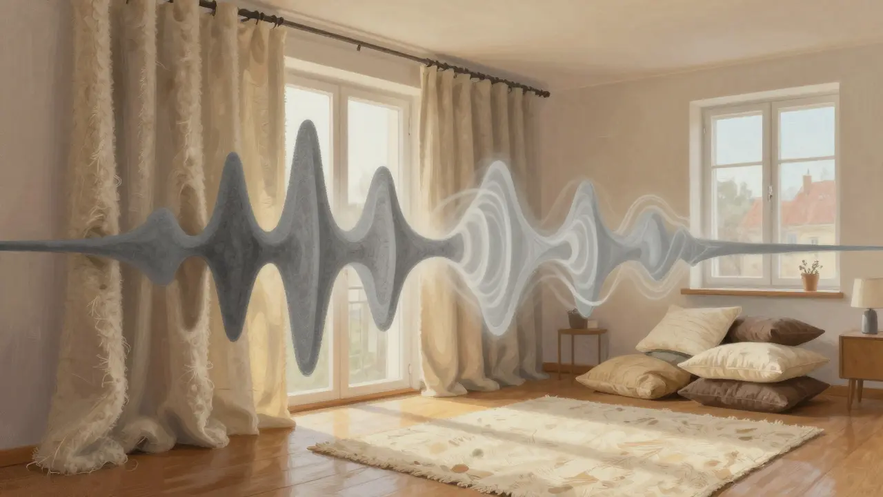 Umělecká představa zvukových vln pohlcených textilií jako vlny tepla.