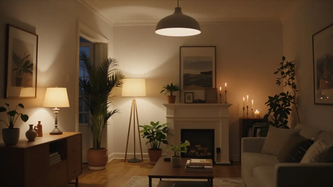 Útulná místnost s vrstveným osvětlením a rostlinami večer.