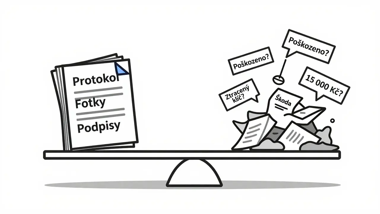 Váha s dokumenty proti obviněním – dokumenty jsou těžké a stabilní, obvinění lehce letí.