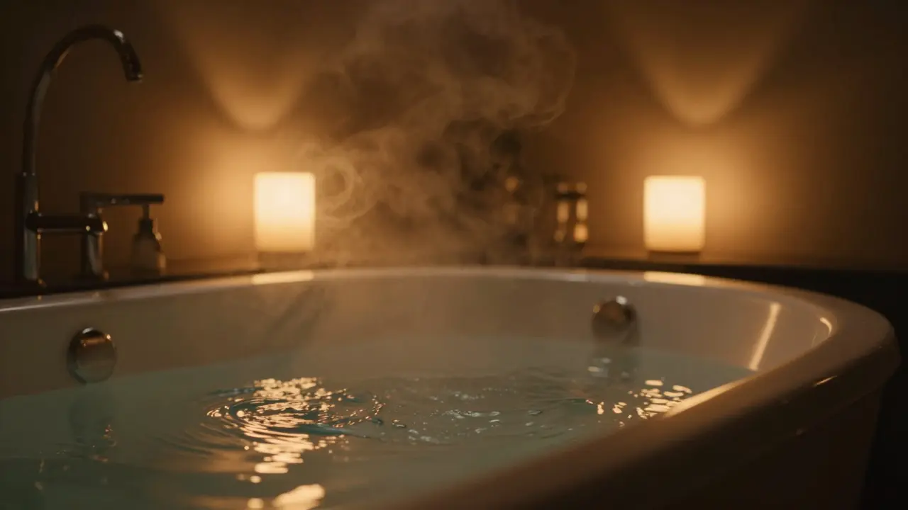 Vana s teplým osvětlením vytvářejícím relaxační atmosféru večerem.