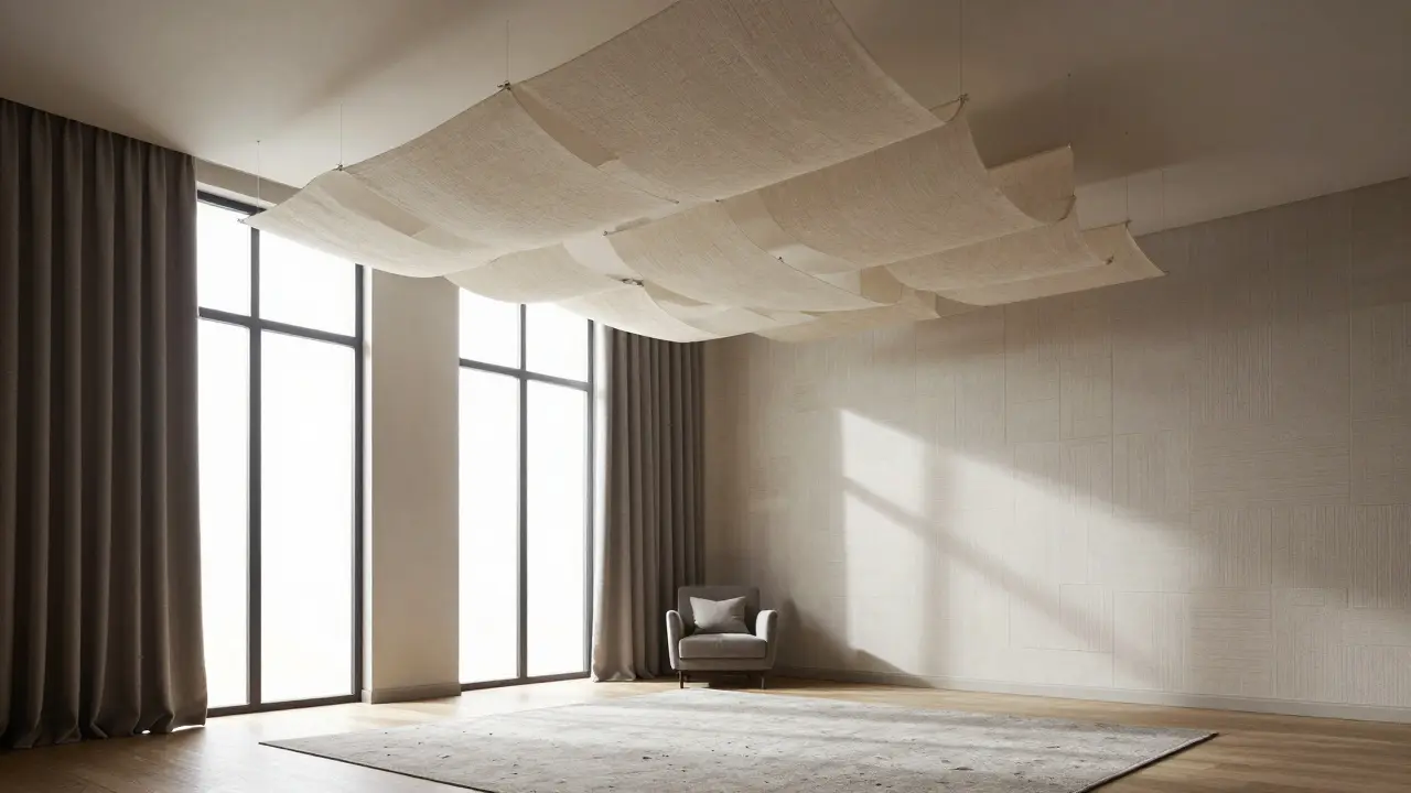 Vysoký prostor s akustickým textilním plátnem na stropě a kobercem na podlaze.