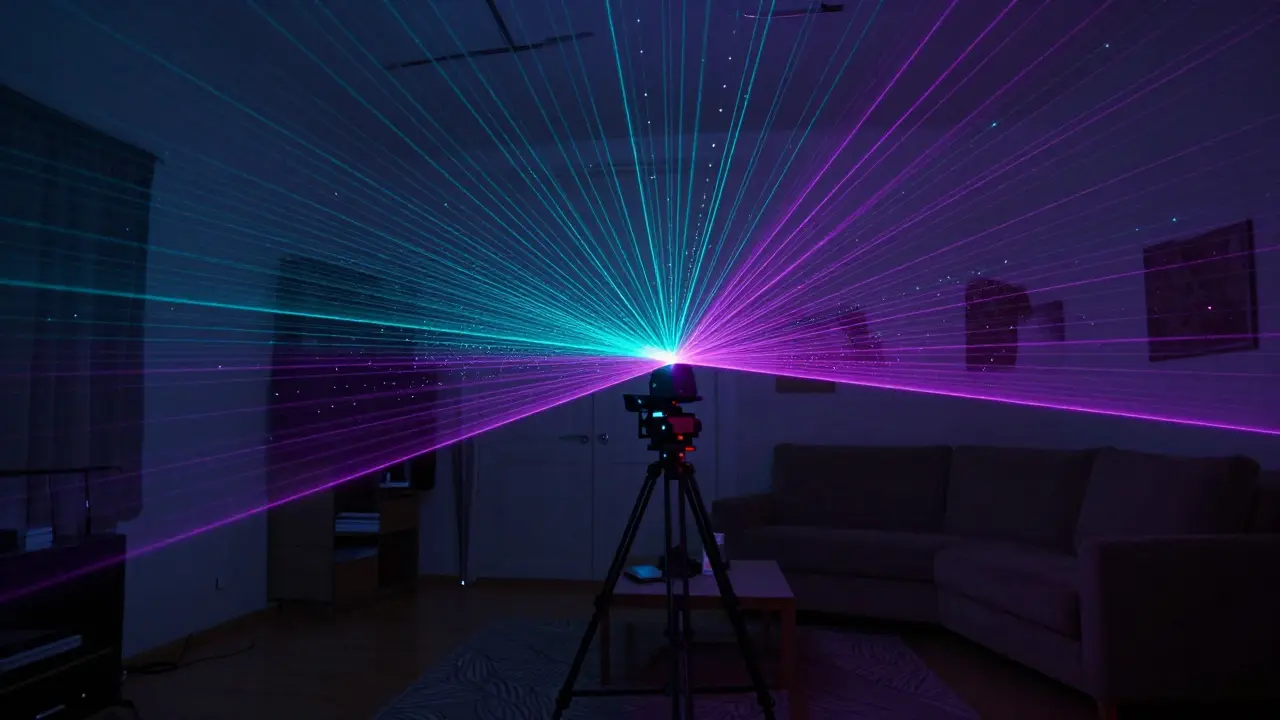 3D laserový skener vytvářející barevné mračno bodů v interiéru místnosti.