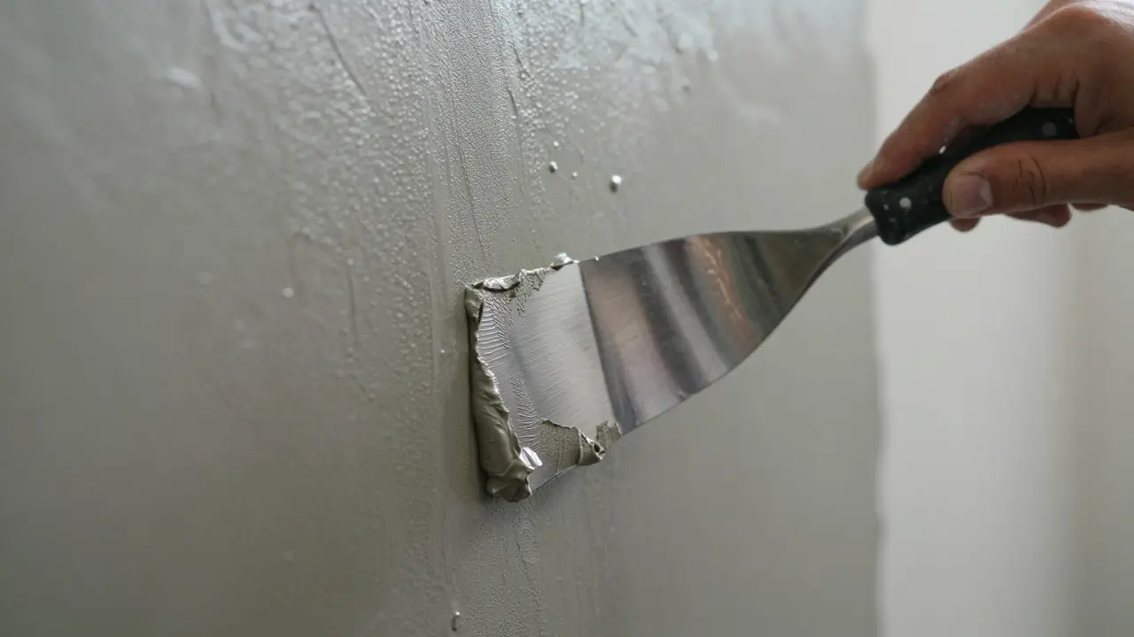 Detail nanášení mikrocementu na stěnu pomocí nerezové špachtle profesionálem.