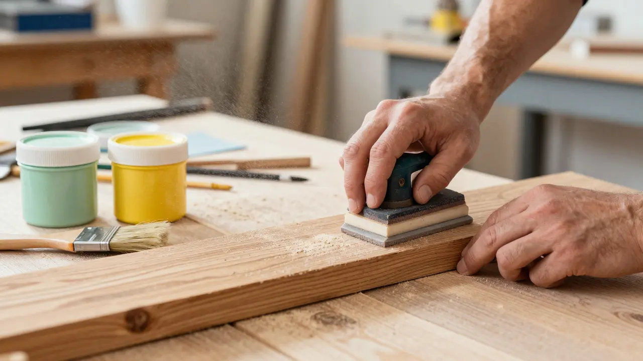 Detail procesu broušení starého dřevěného nábytku v dílně s barevnými barvami.