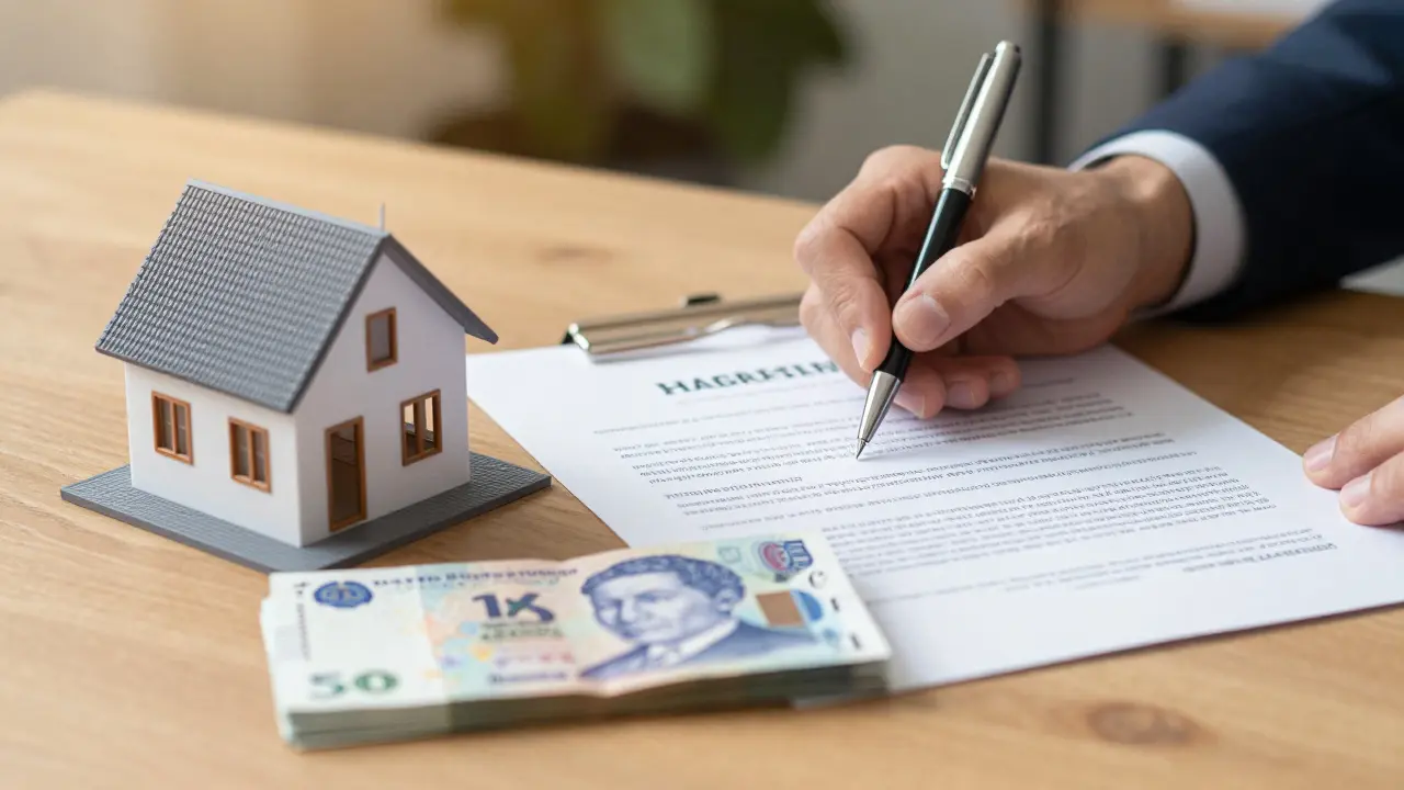Detail ruky podepisující hypotéční smlouvu vedle modelu domu.