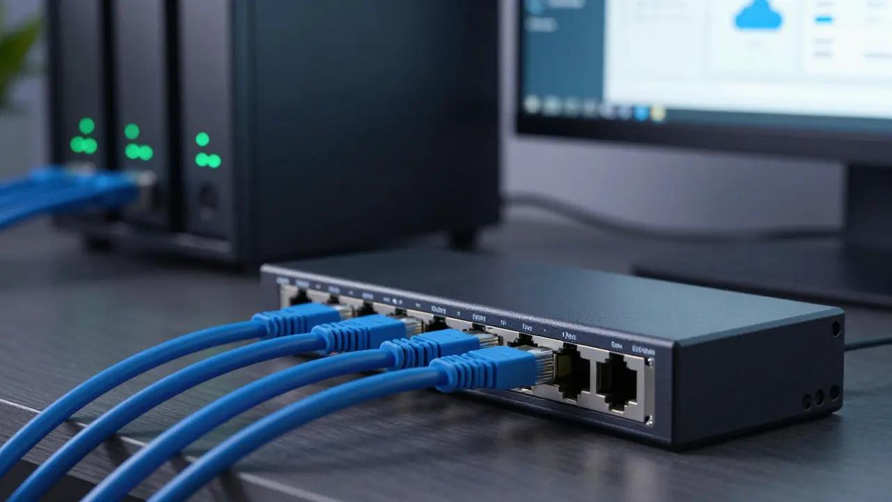 Detail síťového přepínače s připojenými ethernetovými kabely Cat 6.