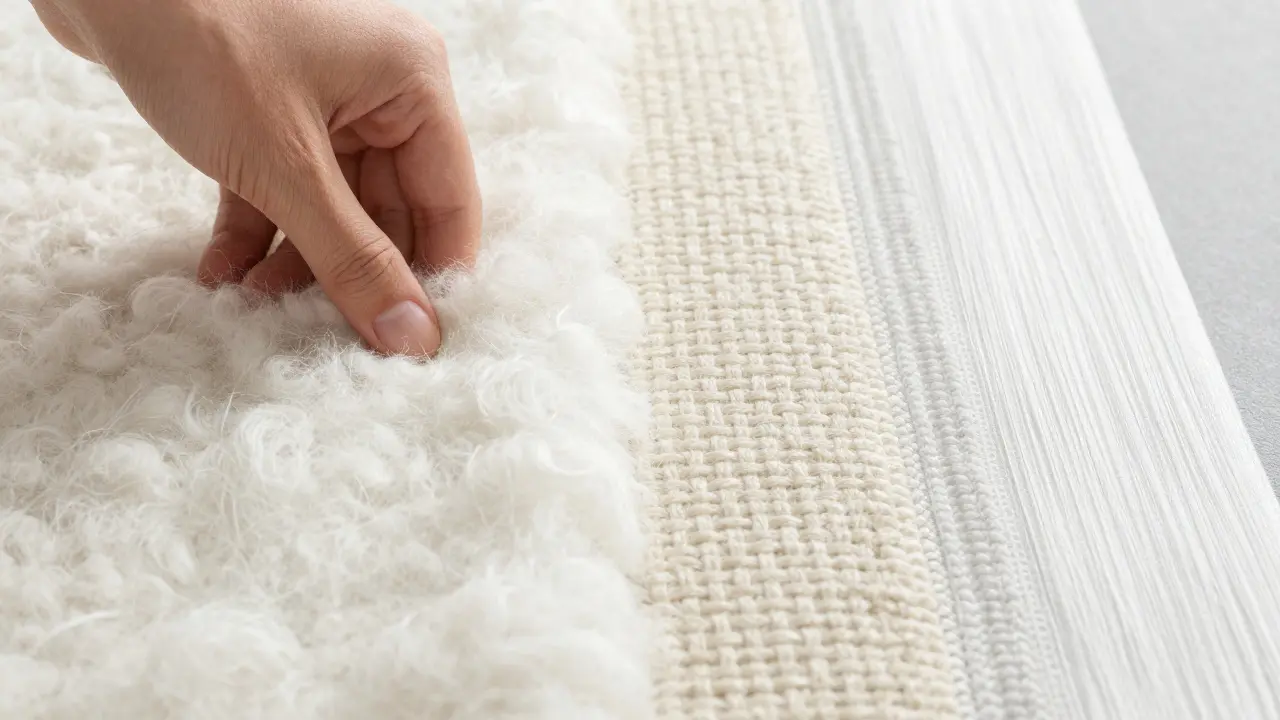 Detailní srovnání textur vlněného, bavlněného a syntetického koberce