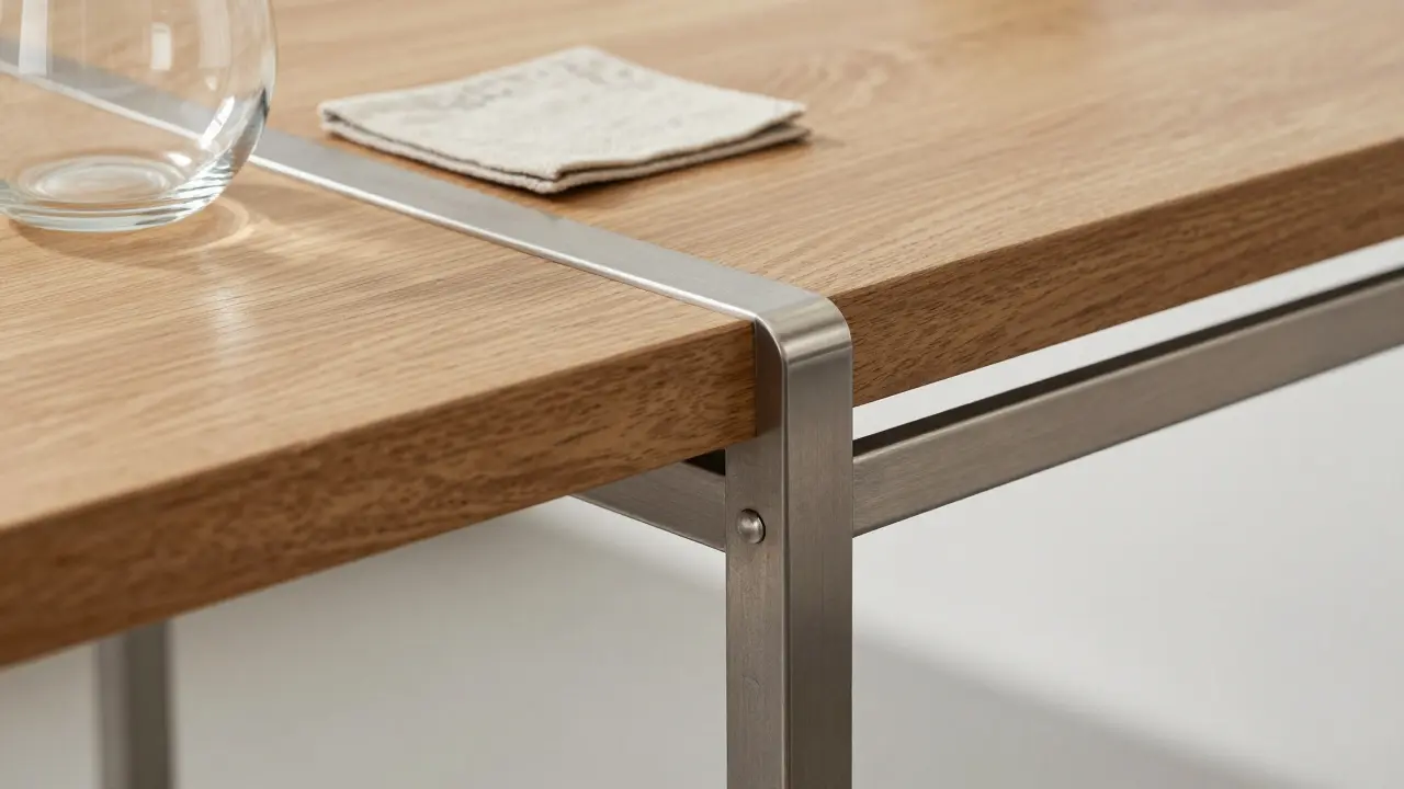 Detailní záběr na spojení dřevěné desky, nerezového kovu a průhledného skla.