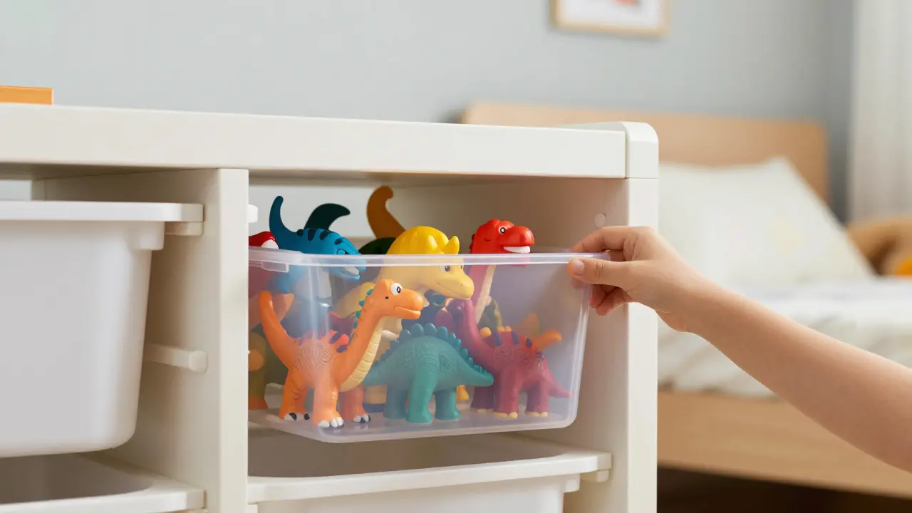 Dítě ukládá plastový box s dinosaury do bílého modulárního regálu.