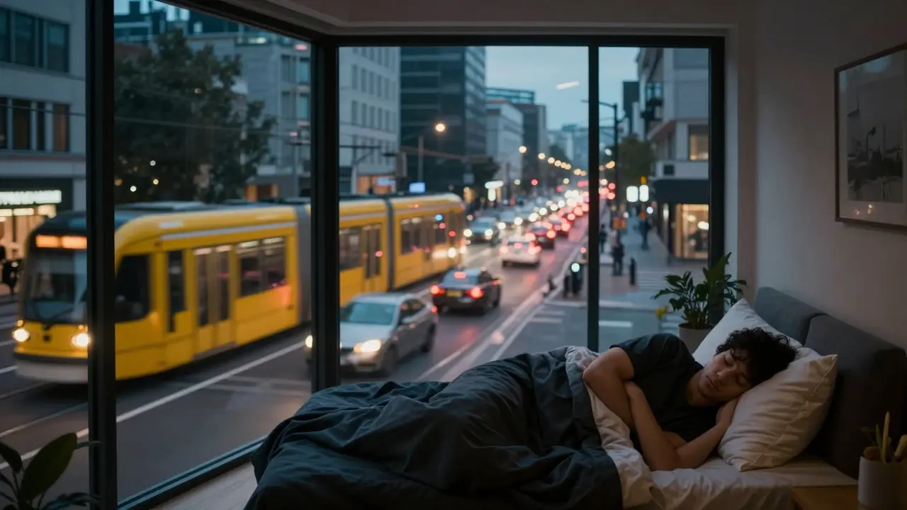 Interiér bytu s výhledem na hlučnou tramvajovou trať v centru města.