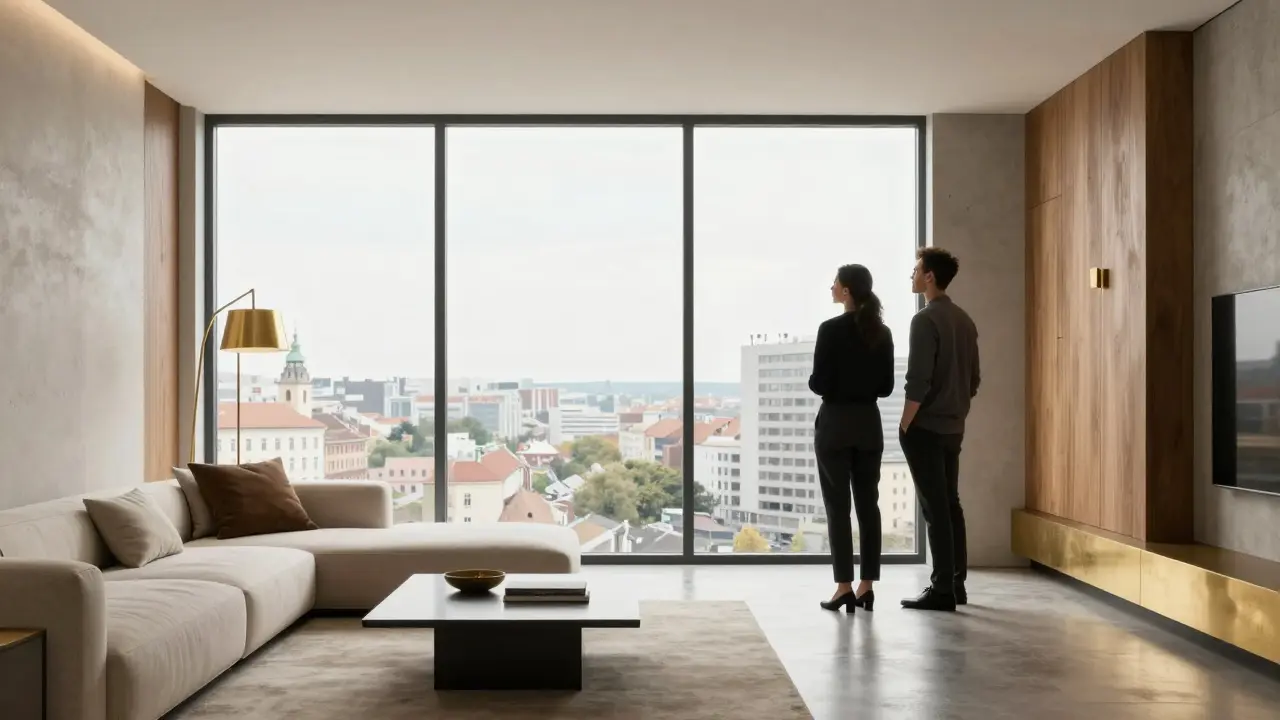 Interiér luxusního moderního bytu v centru Brna s výhledem na město.