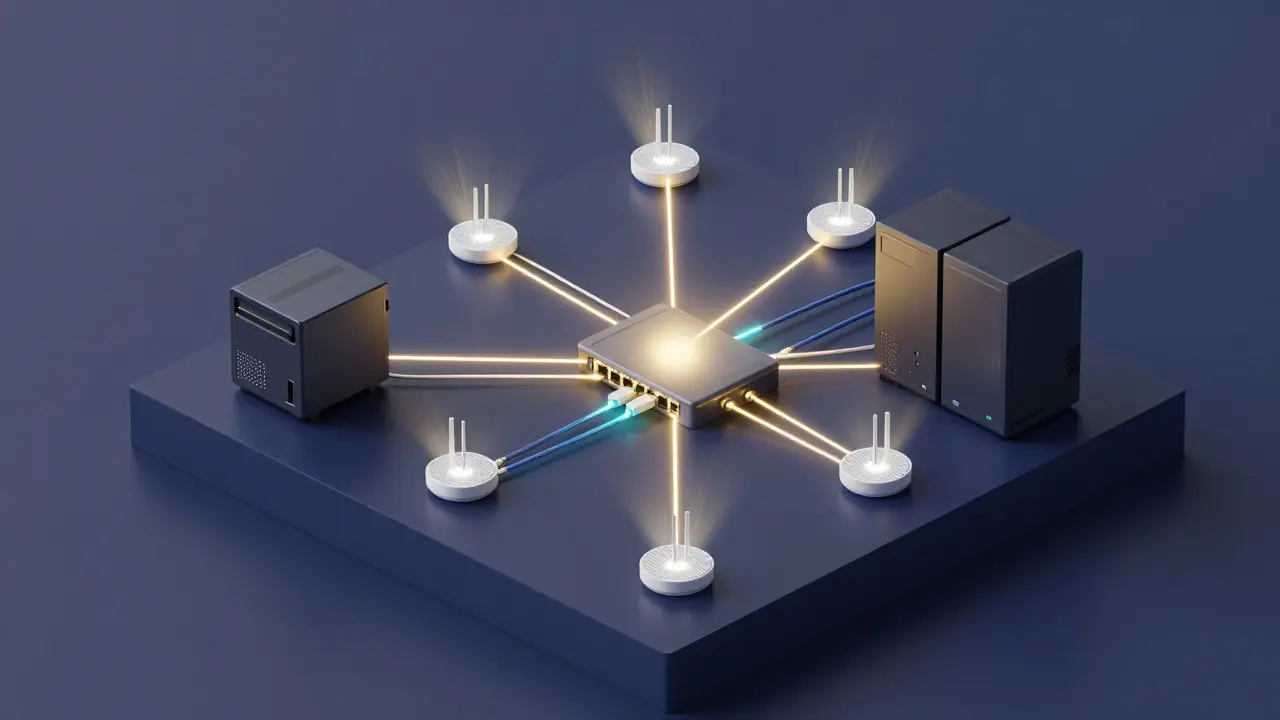 Izometrický pohled na Mesh Wi-Fi systém a síťovou infrastrukturu v domě.