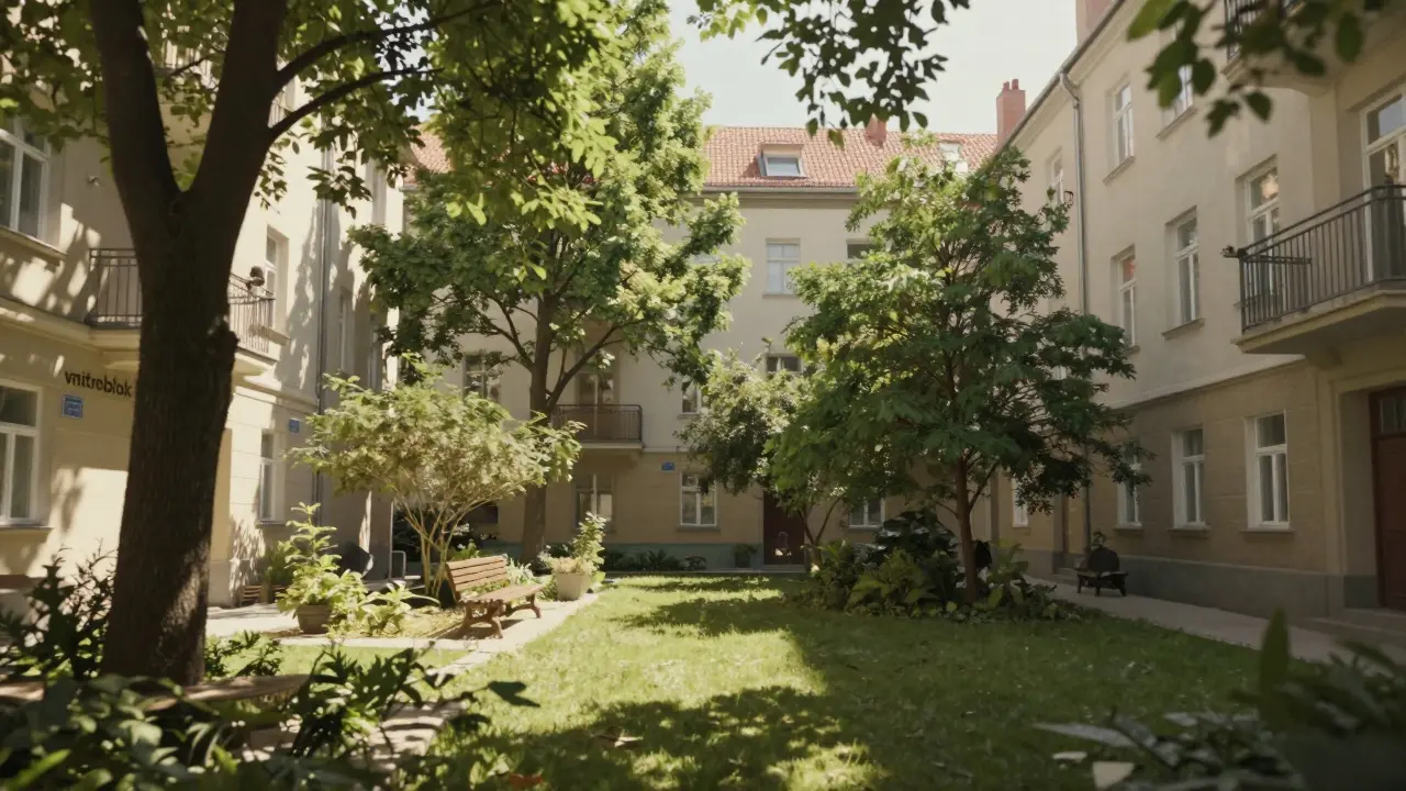 Klidný a zelený vnitroblok s pohony stromů v obytlové čtvrti.