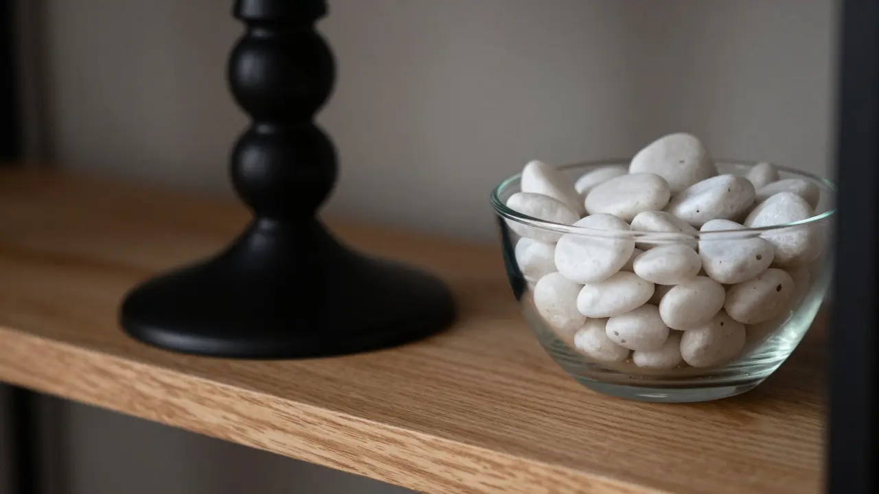 Kombinace materiálů na polici: černý kovový svícník, skleněná miska s kamínky a dubové dřevo.