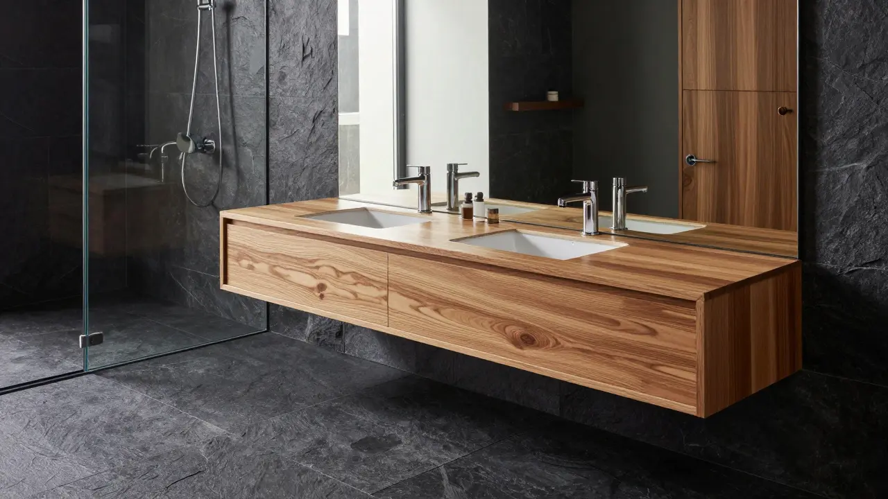 Kombinace tmavé břidlicové podlahy, světlého dřevěného nábytku a skleněného zrcadla.